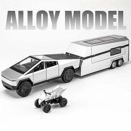 1/32 Tesla Cybertruck med Touring Car RV Caravan Diecast Lekebil Metall Miniatyrmodell Trekk Tilbake Lyd Lys Samling Gave Gutt