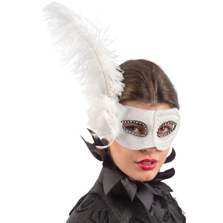 Ansiktsmask - White mask with strass, perls, flower and feathers