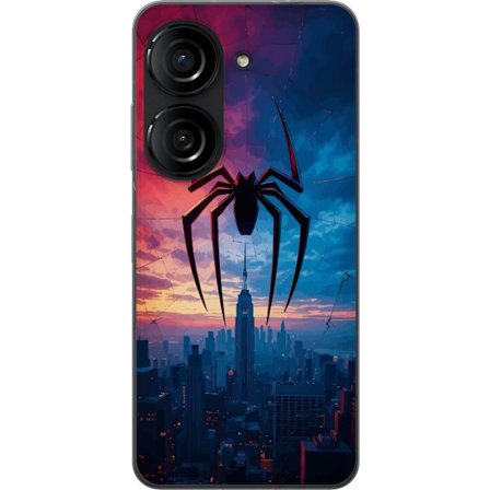 Yhteensopiva Puhelinkuori Asus Asus Zenfone 10 Tyylikäs hämähäkki kaupungin horisontin yläpuolella dramaattisessa auringonlaskussa, graafinen fan