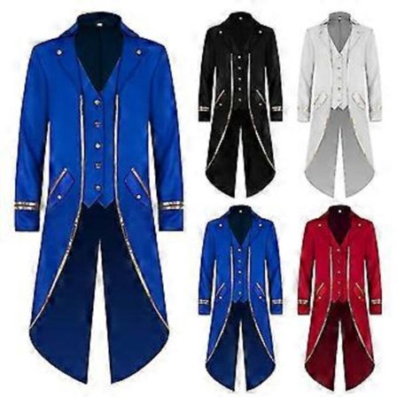 Keskiaikainen asutakki Steampunk-tyylinen Dracula-puku miehille, miesten smokki, puolipitkä punk-tyylinen miesten kultareunainen slim fit -takki