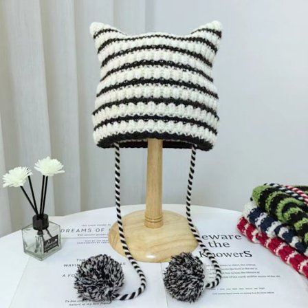 Randig djävulhatt dam höst och vinter stickad vinter stickad hatt, svart och vit