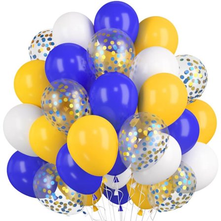 60 stk. mørkeblå-gule balloner, 30 cm, gul-blå konfettiballoner, mat hvid heliumlatex, citrongule balloner til børn, fødselsdag