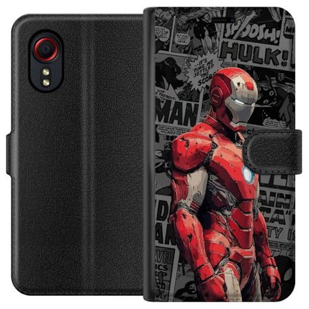 Kompatibelt Plånboksfodral till Samsung Samsung Galaxy Xcover 5 Iron Man hjältekonst i serietidningsstil, röd metallrustning mot grå bakgrund, kra