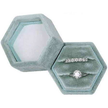Hexagon Sammet Dubbla Fack Ring Arvegods Låda Förlovningsring Låda Friarlåda Ring Display Hållare (Pärlgrön)