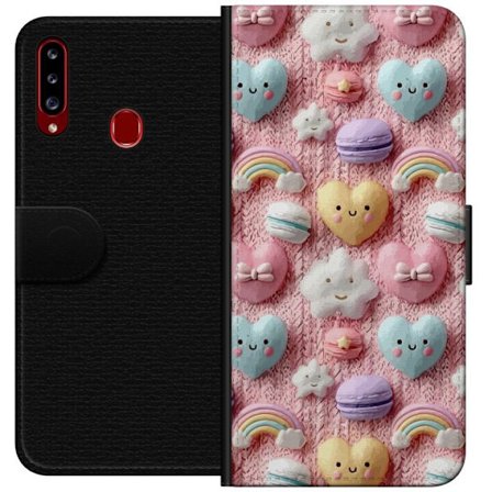 Kompatibelt Lommeboketui til Samsung Galaxy A20s Pastellmotiv med hjerter, skyer, regnbuer og makroner mot rosa bakgrunn i en søt drømmende stil.