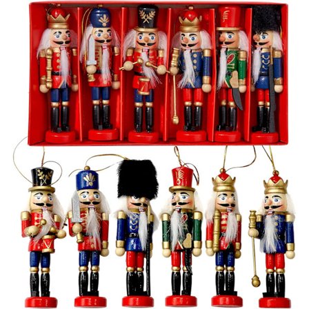 6 Tre Jule Nøtteknekker Soldat Ornamenter, 13cm - Trehengende Nøtteknekker Julepynt i Festlige Jule Design