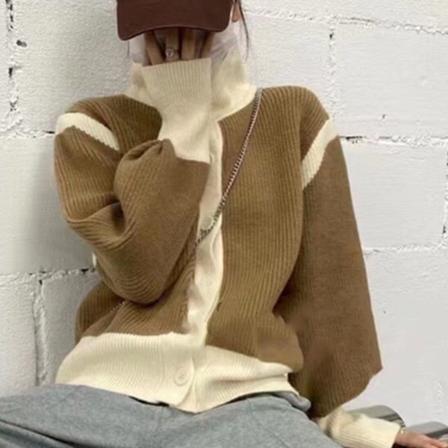 Strik Sweater Frakke Knap Op Langærmet Rullekrave Åben Front Farveblok Sweater Yderbeklædning Khaki Fri Størrelse