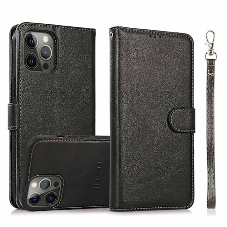 For iPhone 15 PU Læder Pung Telefon Etui Stativ 2-i-1 Aftagelig Magnetisk Cover med Rem