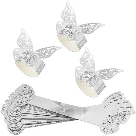Sølv sæt med 50 sommerfugle-servietringe af papir, skinnende reflekterende servietringe til bryllup, banket, middag, festborddekoration