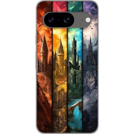Kompatibel Mobilcover til Google Google Pixel 8 Fire magiske slotte i forskellige elementfarver, episk fantasykunst med ild vand luft og mørke i deta