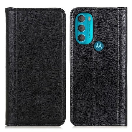 Motorola Moto G71 5G ægte læderetui med magnetisk lukning - Sort