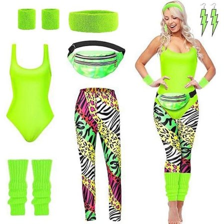 80'er Outfit Kostumer Tilbehør Til Kvinder Off Shoulder Toppe Skjorter Neon Leggings Med Benvarmere Grøn