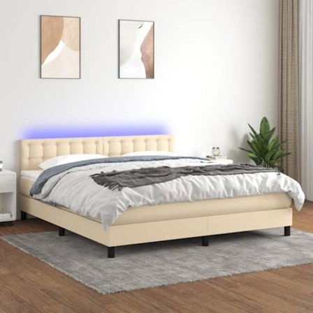 Maison Exclusive - Sengebund med lameller og LED madras Creme 180x200 cm Stof