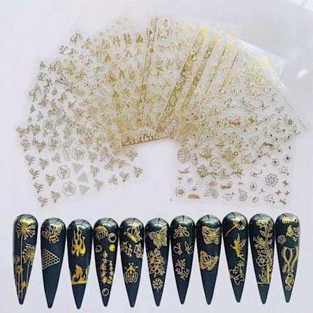 9 Nagelsticker med Lim, Guld, Måne, Stjärna, Universal Blommönster, Nagelkonst Dekorationer