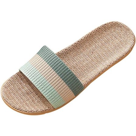 Dame tøfler med åpen tå sommer lin regnbue bred passform sandaler lin slip-on hus bambus tøfler sko 6.5