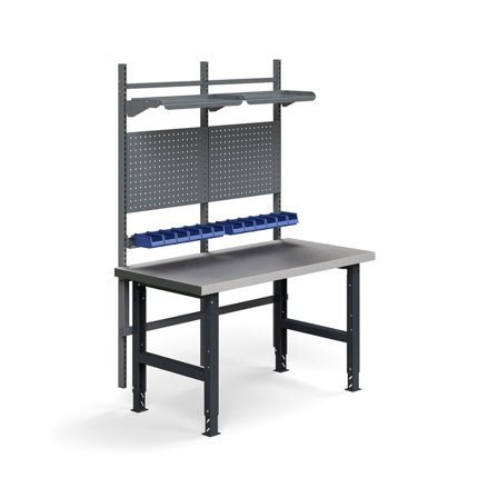Complete workbench TRUST, inc. tool panels, boxes + shelves, 1500x760 mm, steel