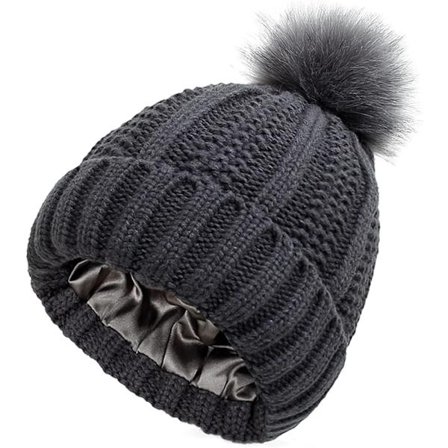 Vinter Dame Strikhue med Ikke-Aftagelig Pompom Satin L