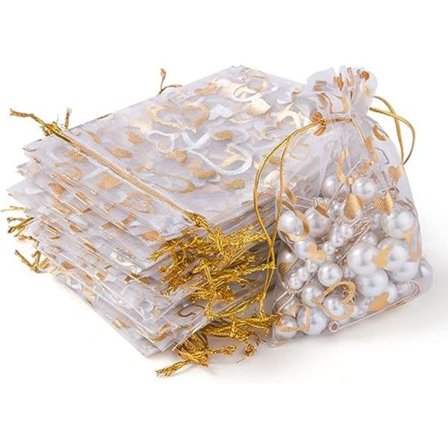 105 stk organzaposer, 10 x 15 cm hvite hjertemønster organza gaveposer med snøring, smykkepose lavendelposer godteriposer bryllupsgaver