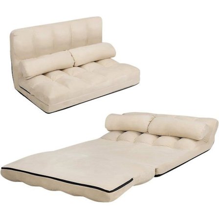 COSTWAY Konvertibel Soffa, Justerbar Ryggstöd 6 Positioner, 2 Kuddar, Tvättbart Suedetyg Beige