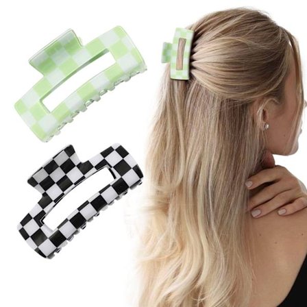 2 STK. Flerfarvede Hårklemmer, 10 cm ternede firkantede klo-klemmer, skridsikre hårtilbehør til tykt hår (sort+grøn)