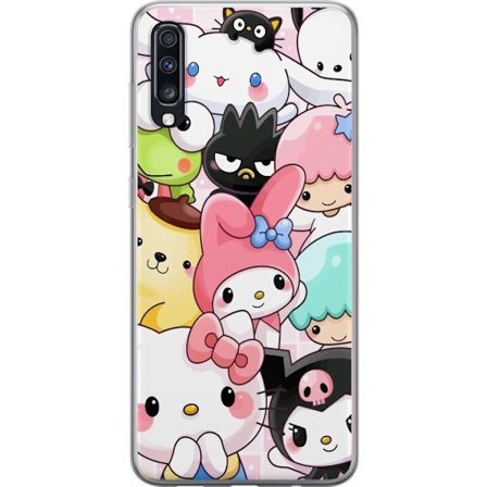Kompatibelt Mobildeksel til Samsung Galaxy A70 Tett mønster av søte figurer med store øyne i ulike farger og uttrykk med LABUBU-tekst