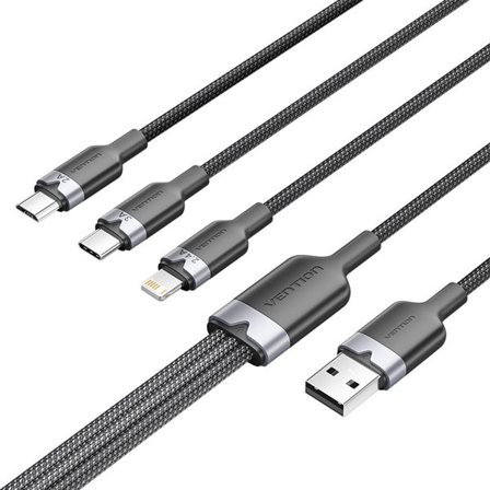 USB 2.0 A-hankabel till 3-i-1 USB-C-, Lightning- och Micro-B-hankabel Vention 3A CTPBG 1,5 m