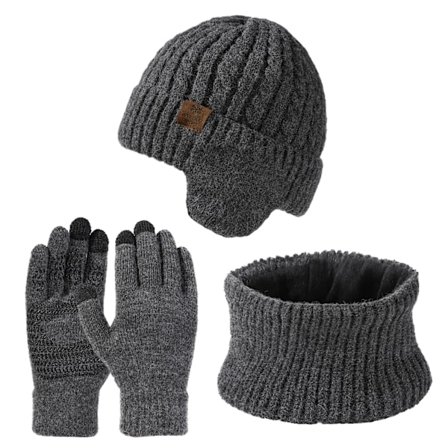 Unisex Vinterhue, Halstørklæde og Handsker Sæt, Fleeceforet Øreklaphue med Touchscreen Vanter, Varme 3-Deles Tilbehør til Koldt Vejr