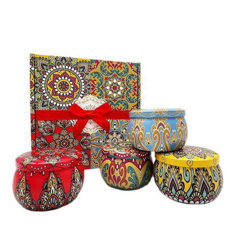 Ljus plåt burkar bohemiska mönster ljus burk med present box gör-det-själv ljus tillverkning kit hållare förvaring fodral