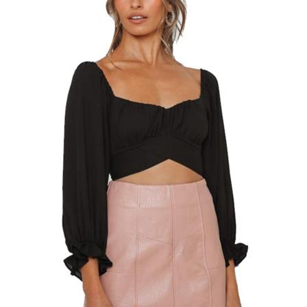 Sød Off Shoulder Frillet Wrap Crop Top med Elastisk Manchet, Lange Puffærmer og Bånd i Ryggen til Fest, Shopping, Rejse, Date Type 1 S