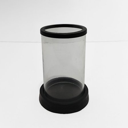 Lysestage, sort aluminium og klart glas, 16x16x22 cm