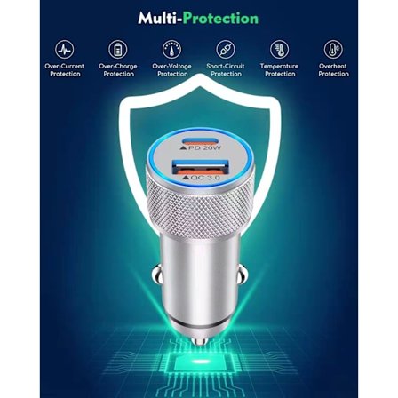 20W USB-C Billaderadapter med 1m Lightning-kabel, 12V/24V D