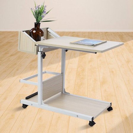 Bærbart multifunktionelt aftageligt laptopbord med hjul, skuffe, seng, sofa, bøger, snacks, hvid