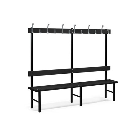 Single Bench STADIUM Hook Rail , 2000x400x1600 mm, 12 hooks - Cloakrooms Tubular Steel Varnished Pine Changing room benches Black - AJ Products