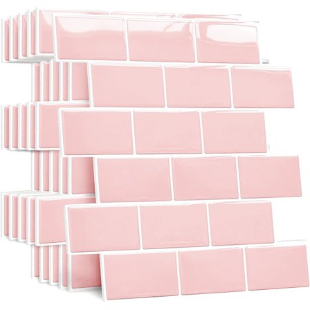 Tjockare Självhäftande Stänkskydd för Kök, Falska Badrumsväggplattor, Rosa 3D Metro Självhäftande Stänkskydd, 10-Pack