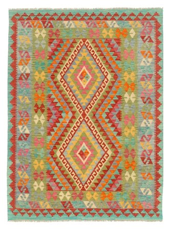 Hand Woven Kilim Afghan Old Style Rug 151X192 Wool Green/Orange Small
