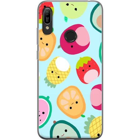 Kompatibel Mobilcover til Huawei Y6 (2019) Mønster af kawaii frugter som jordbær citron ananas og avocado på lyseblå baggrund