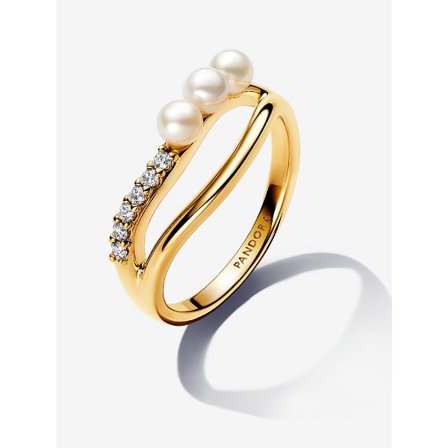 Pandora 14k Guldpläterad Dubbelband Ring, Behandlad Sötvattensodlad Pärla, Organiskt Formad, Storlek 50mm, Elegant Damring Present