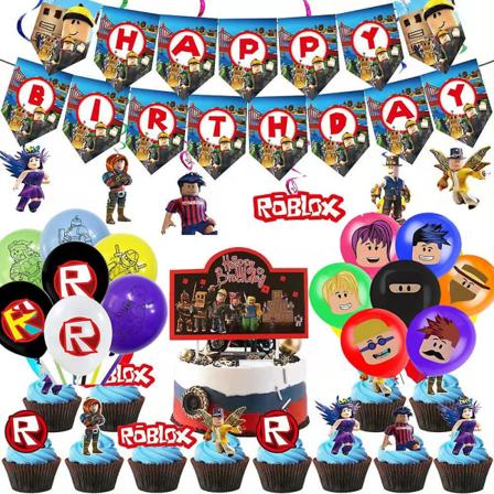 Roblox-syntymäpäiväjuhlatarvikkeet, virtuaalisen maailman juhlakoristesarja, jossa on banneri, ilmapallot, kakku-/kuppikakkukoristeet, riippuva 
