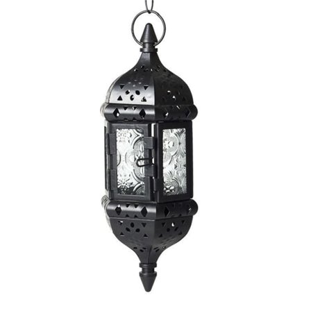Hengende lyslykt Retro marokkansk lysestake Lyslykt i hul metall i glass med 15,7" hengende kjede Svart