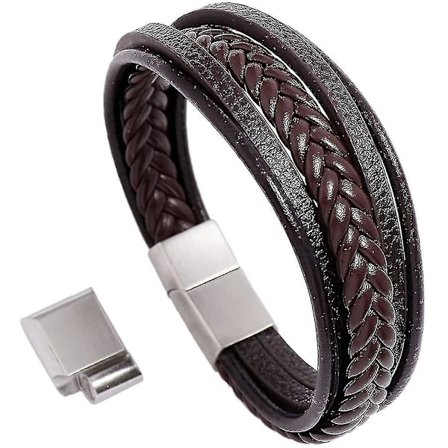 Miesten nahkainen ranneke, säädettävä magneettilukolla, lehmännahka, monikerroksinen