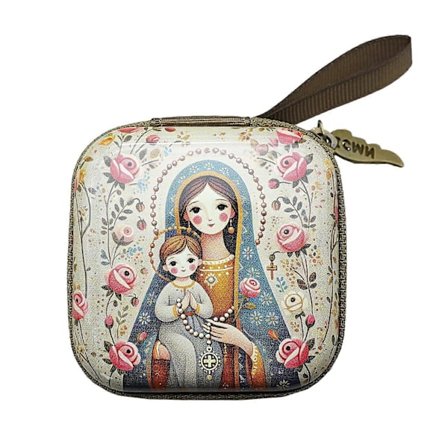 Bøn Rosenkrans Opbevaringspose Bærbar Firkantet Etui Til Tempel Sammenkomster Perleetui Dekorativ Tegneseriestil Jomfru Huggi