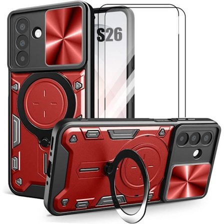 Coque Anneau - BOOLING - til Samsung Galaxy S26 - med Kamerabeskyttelse - 2 Glas - Rød