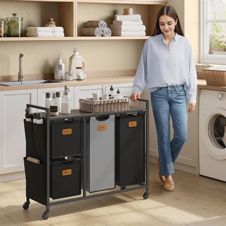 Vasketøjskurvvogn 73 x 33 x 92 cm med fire opbevaringsrum - Sort/Grå