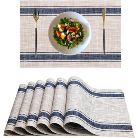 Underlägg, Plastvinyl Tvättad Värmebeständig Hållbar PVC Halksäker Vävd för Kök Matbord (Set om 6, Blå Beige)