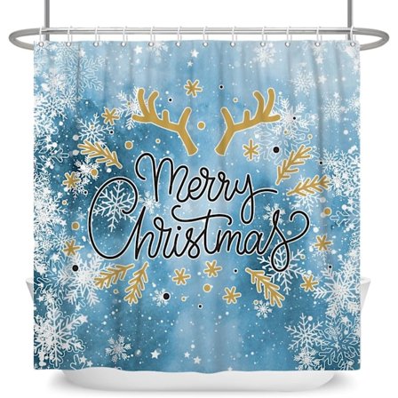 Glædelig Jul Snefnug Bruseforhæng Hvide Snefnug Horn På Blå Baggrund Badeværelsesindretning Til Vinterferie Badeværelsesgardiner Vandtæt Pol