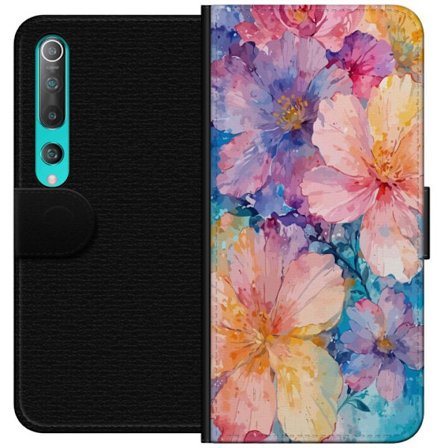 Kompatibelt Lommeboketui til Xiaomi Xiaomi Mi 10 5G Akvarellmaling med store blomster i rosa, blå og gule toner i en myk kunstnerisk stil.