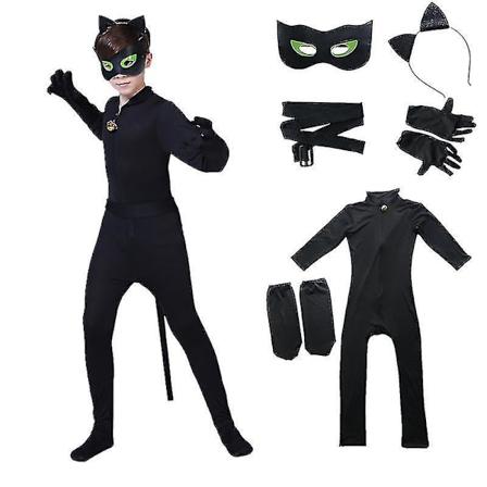 Svart Katt Kostyme for Barn - Cosplay Bodysuit med Maske, Ører og Hale - Størrelse 110 (105-115CM)