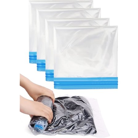 Rul op opbevaringsposer til rejser, 4 pakker mellemstore 60x40cm kompressionsposer til kufferter, ingen vakuum nødvendig, spar mere plads på rejsen