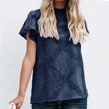 Enfärgad T-shirt För Kvinnor Med Spetsar Patchwork Tee Shirt