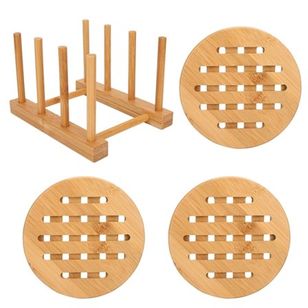 Bambus Multifunktionel Skål Opvaskestativ med Bordmåtte Isoleringspude Sæt Køkkenredskab Rund Form Måtte